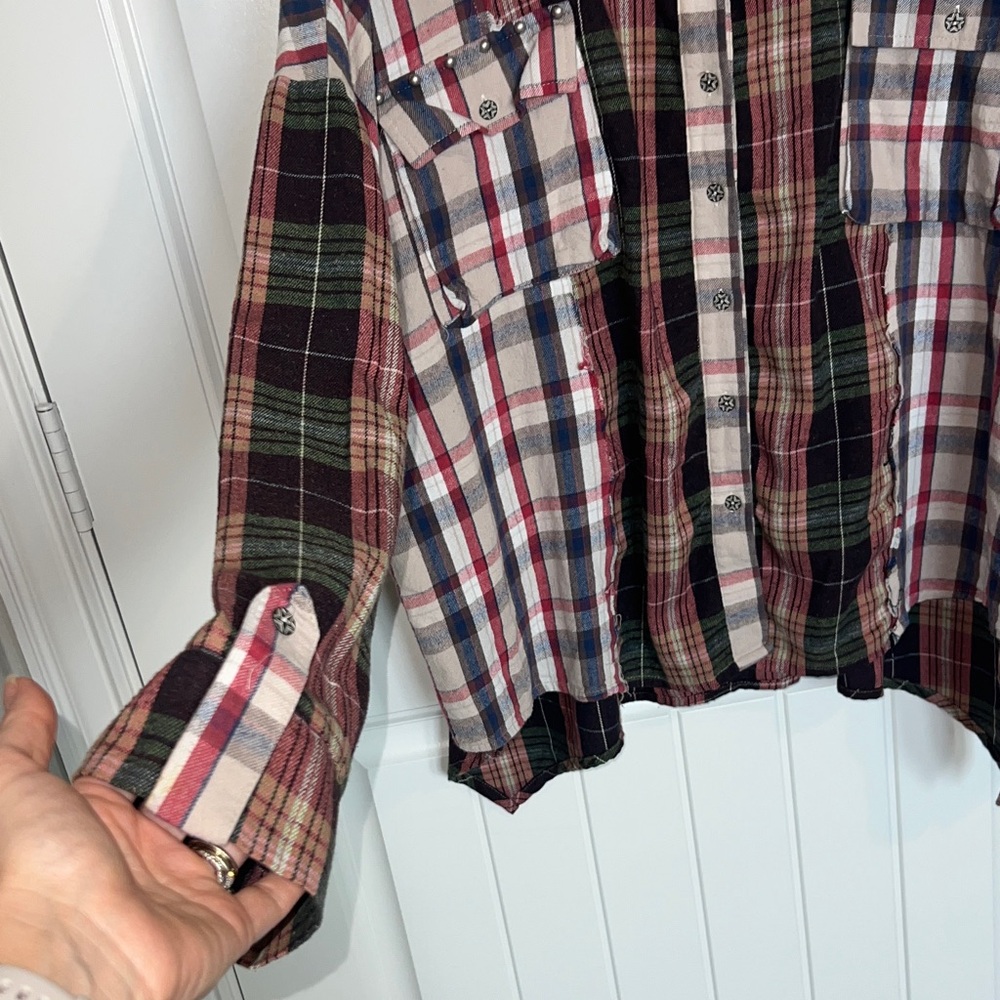 Women's Patchwork Plaid Button Down Shirt with St… - image 3